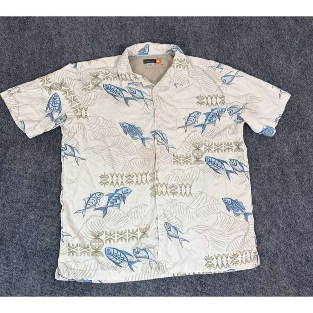 Quiksilver Button Up Shirt Men's XL White Hawaiian Tropical Fish Print Vintage